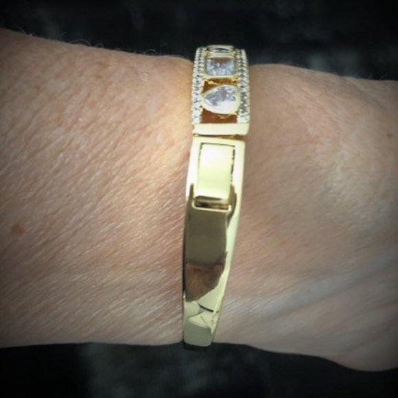 Artisan Modernist Shiny Gold Bangle Bracelet with Pave CZ Assorted Shapes - Picture 2 of 2